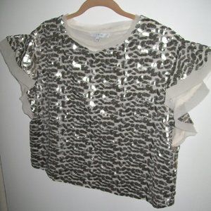 IRO Women's Silver Micro Sequin on White Crop Top Flutter Sleeves Blouse S